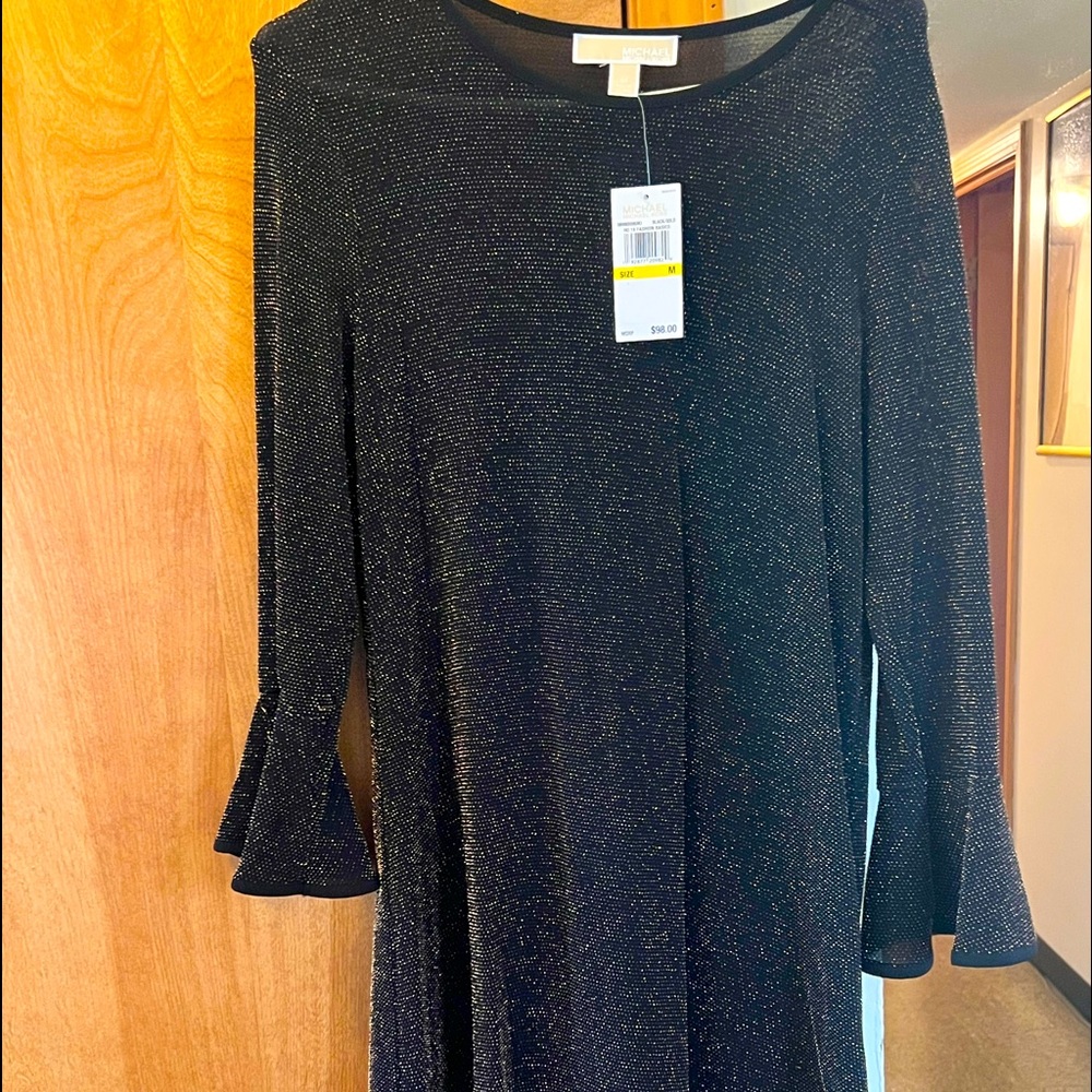 Michael Kors Black & Gold shimmer dress with bell sleeves.